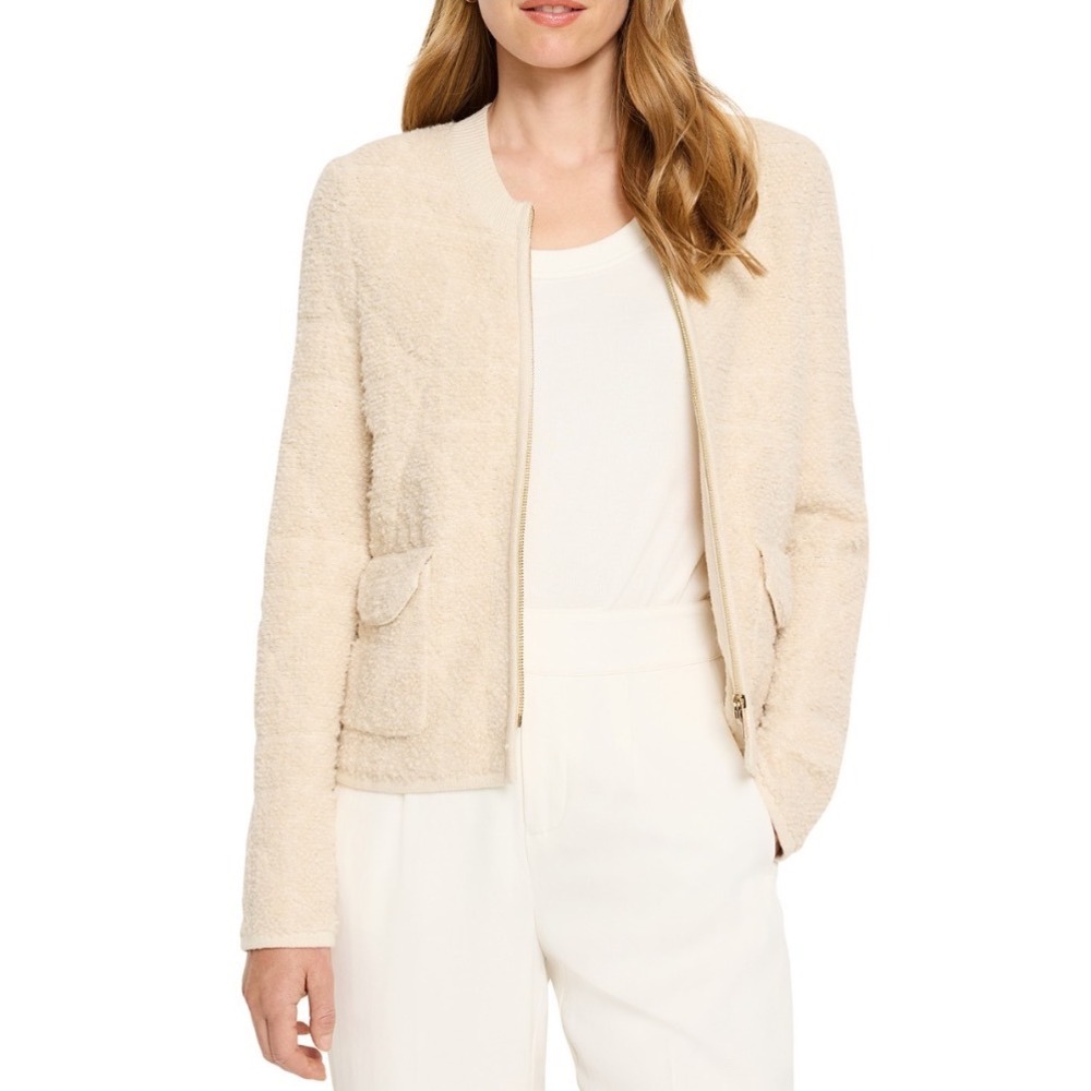 NIC+ZOE Almond Zippered Fleece Jacket XL W241178 Cream Diamond Knit Cardigan NEW